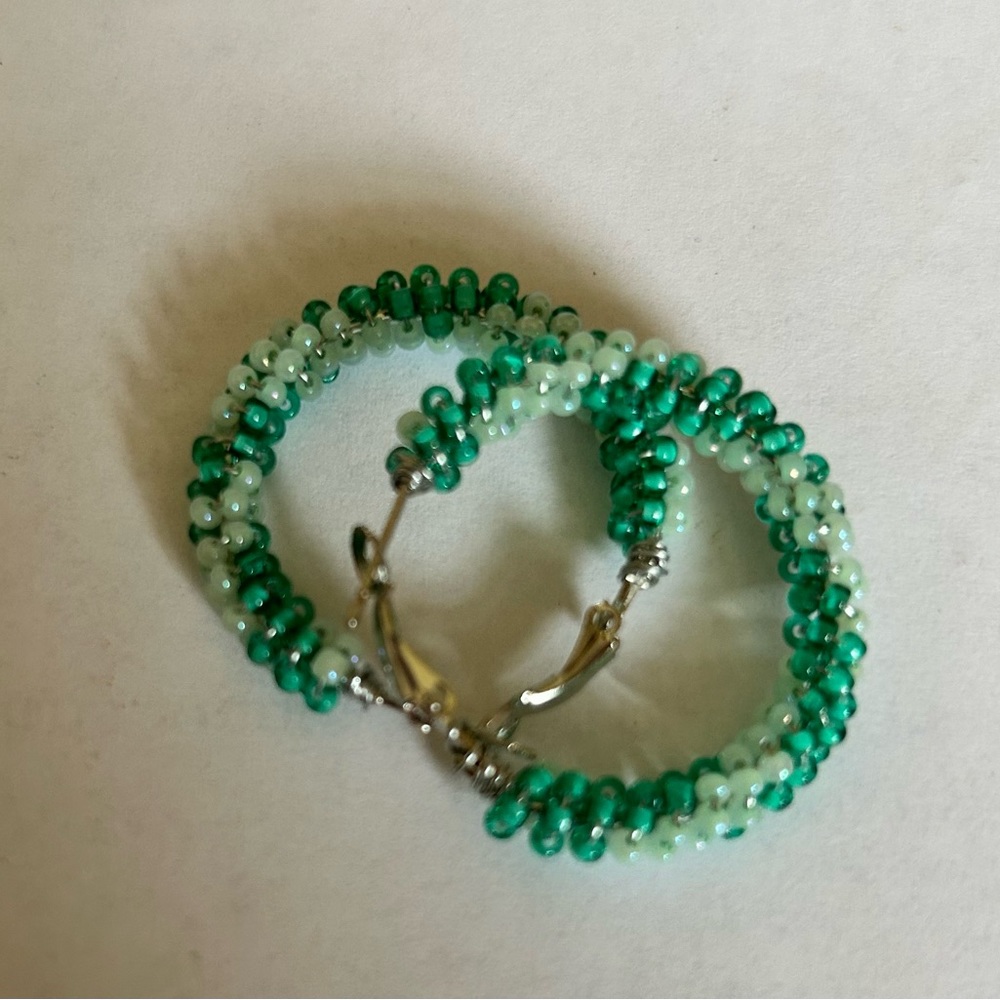 Hand-beaded 1” Spring Green Hoop Earrings NWOT